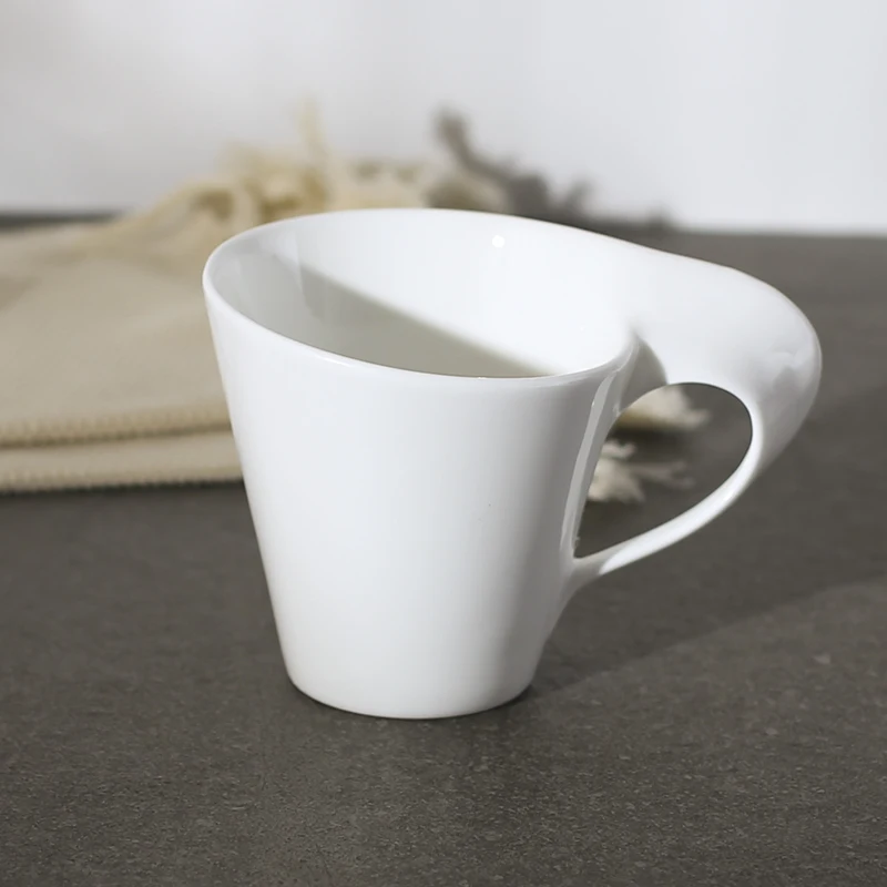Novelty creative shape fine quality porcelain ivory 8oz fine bone china mug with wavy handle