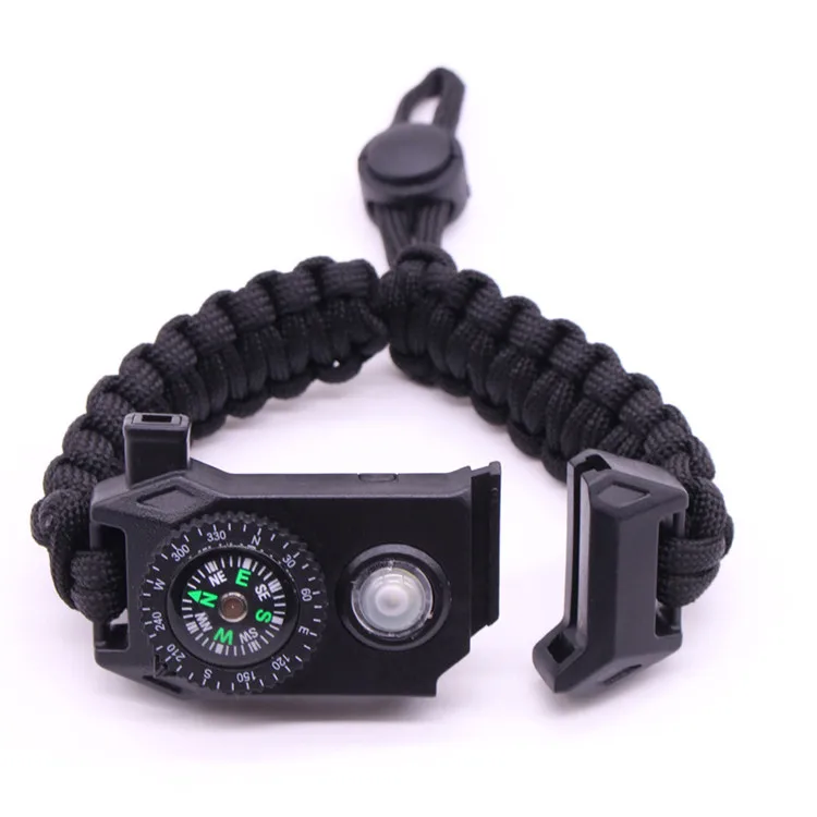Multifunction LED SOS paracord survival bracelet with led flashlight, compass, firestarter, whistle buckle