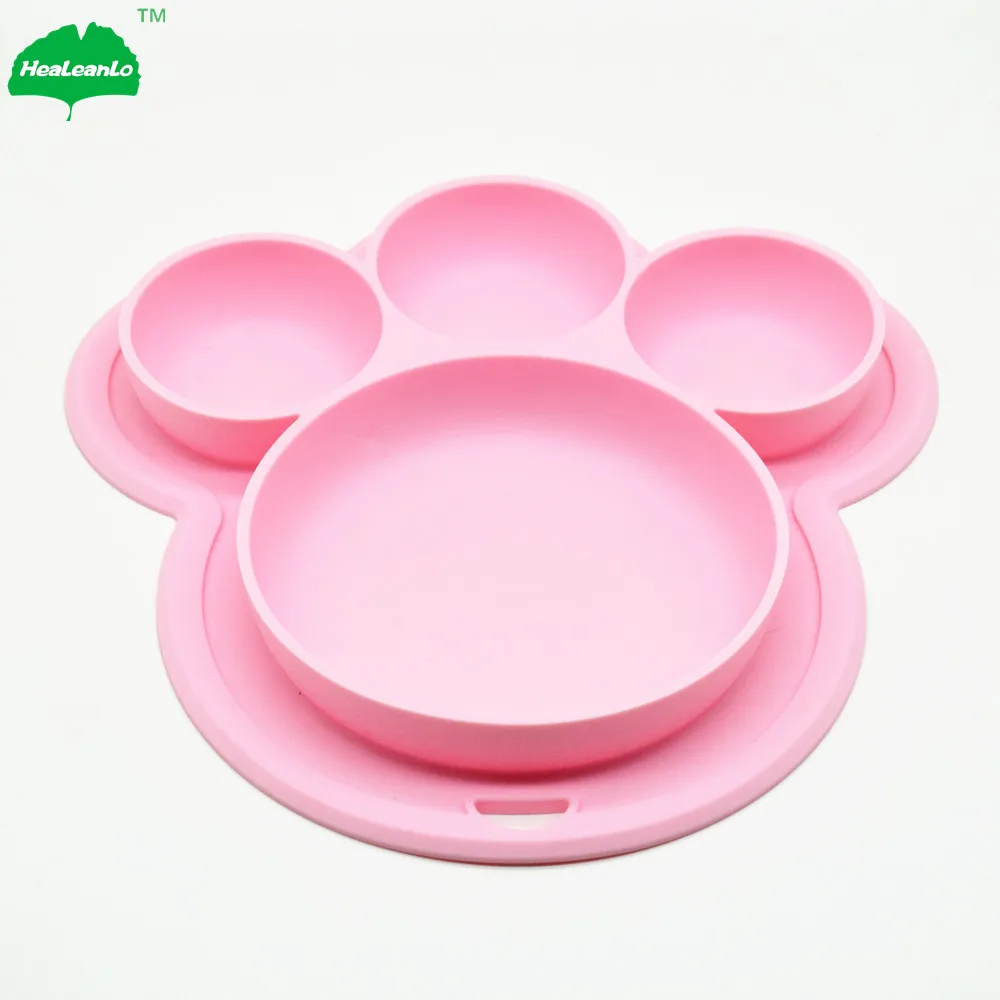 Silicone Suction Plate Bear Footprint Silicone Dinner Plates Eating Mat for Babies Feeding Plates with a Hang Hook
