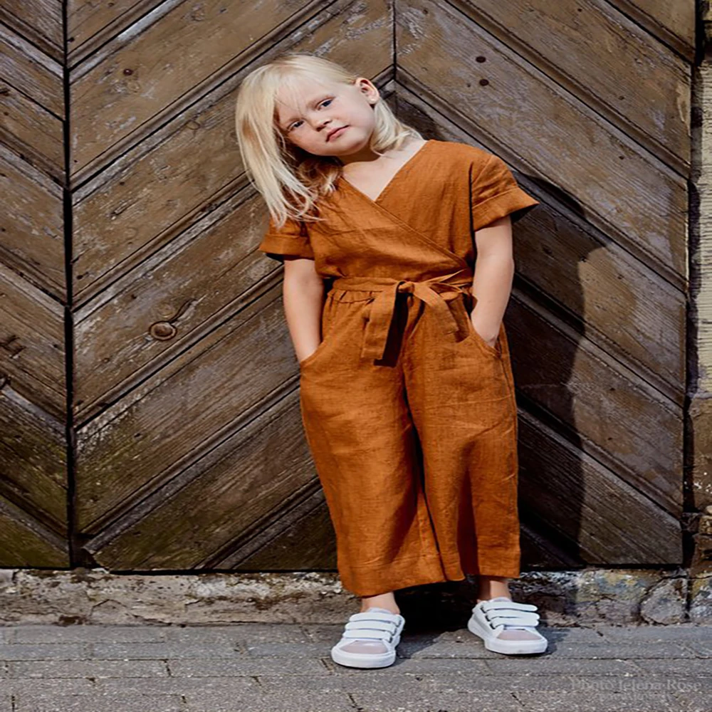
Wholesale Baby Girls Linen Cotton Clothing Long legging Loose Casual Overalls Short Sleeve Kids Girls Jumpsuit 
