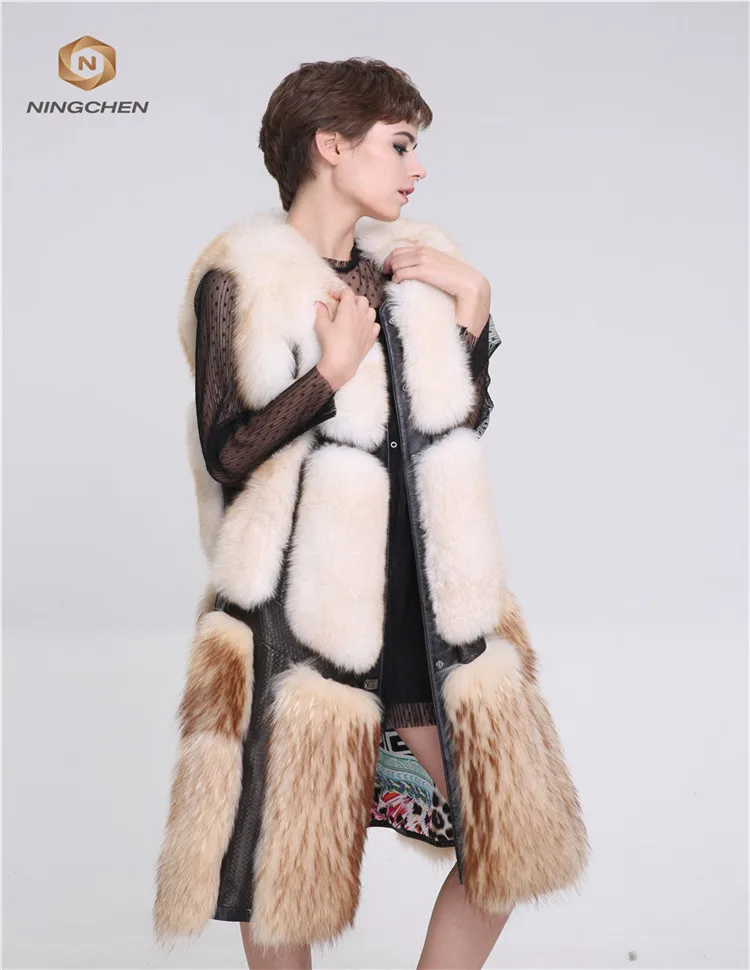 Classic Plaid Casual Long Plus Size Real Fox Fur Vest Hooded Coat Top quality women horizontal design real fox fur coat