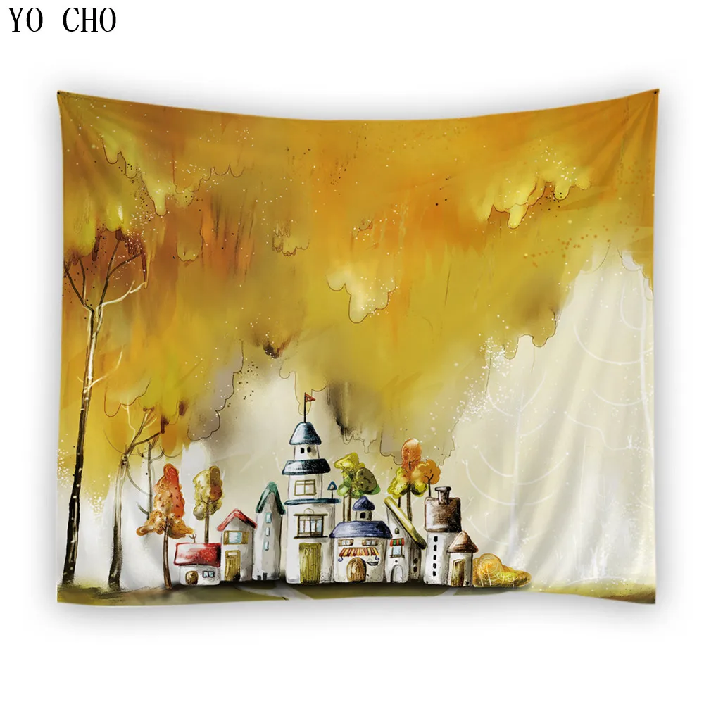 
YO CHO Wholesale polyester wall hanging tapestry with fantasy castles tree ice palace 3d jacquard rectangle cloth wall carpet 