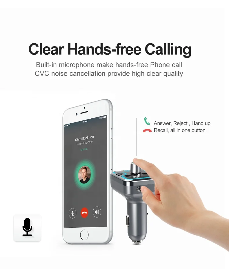 T45Q Bluetooth Car Kit read U disk/TF QC3.0 Charger Handsfree Stereo FM Transmitter MP3 Player Multi color light effect Gray