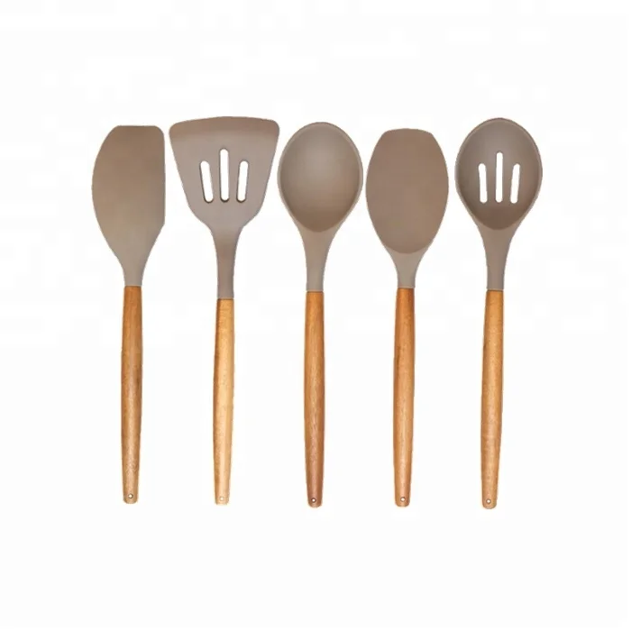 5 Piece Silicone Cooking Utensil Set with Natural Acacia Hard Wood Handle