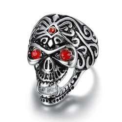 Size 7-15 Punk 316L Stainless Steel Skull Skeleton Evil Eyes with Red Zircon Finger Ring for Men Fashion Jewelry