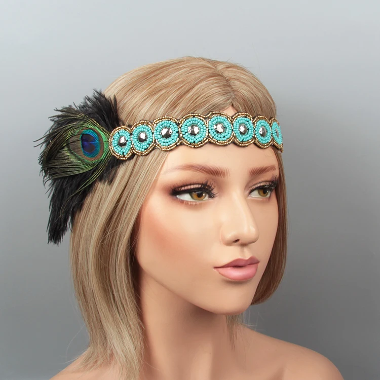 New design style bridal crystal beaded flapper 1920s great gatsby feather carnival headdress