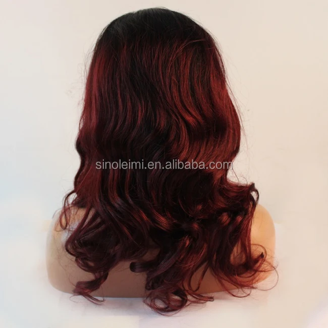 Ombre color black root red wavy full lace wig 100% virgin human hair