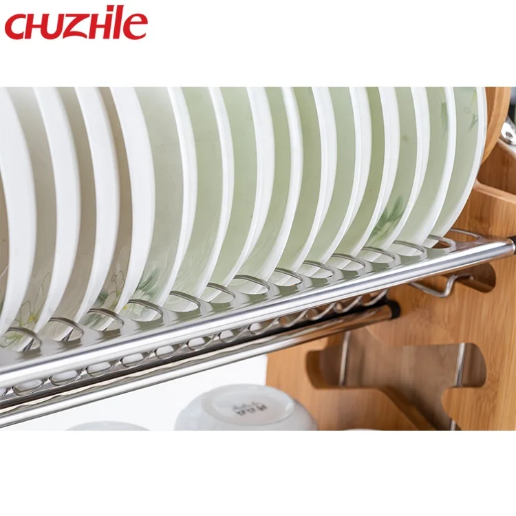Simple 2 tier collapsible bamboo dish drying rack for kitchen drainer dish l3 Chuzhile