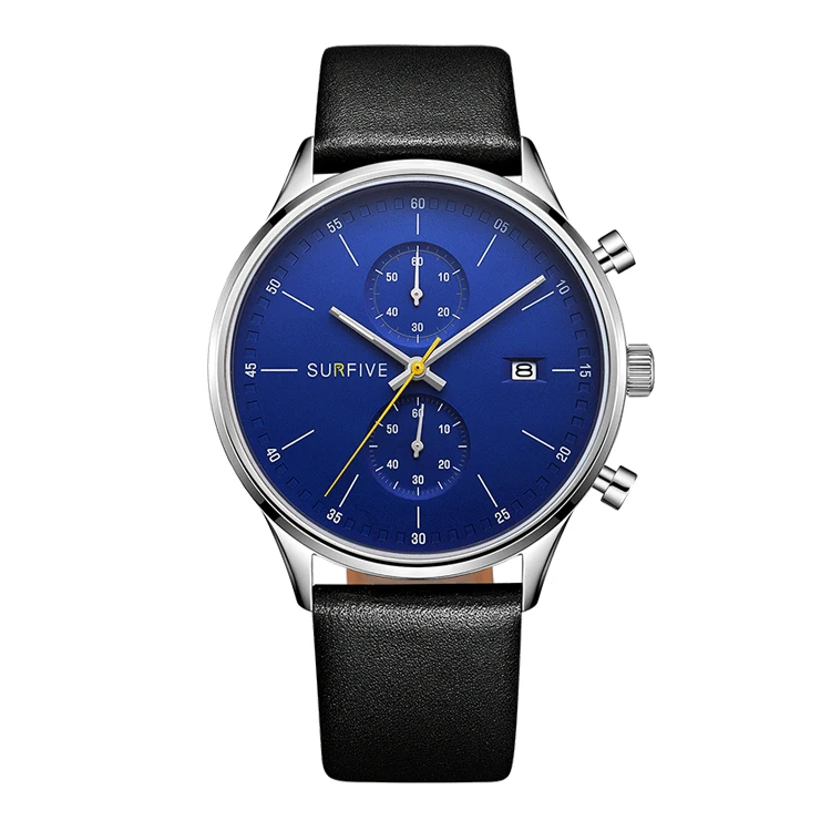 customized 3ATM Waterproof Sapphire Mens Black Genuine Leather Quartz Wrist  Stainless Steel Watch