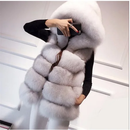 New Arrival Hooded Faux Fur Vest Coat Outdoor Warm Elegant Beautiful Winter Woman Fox Fur Vest