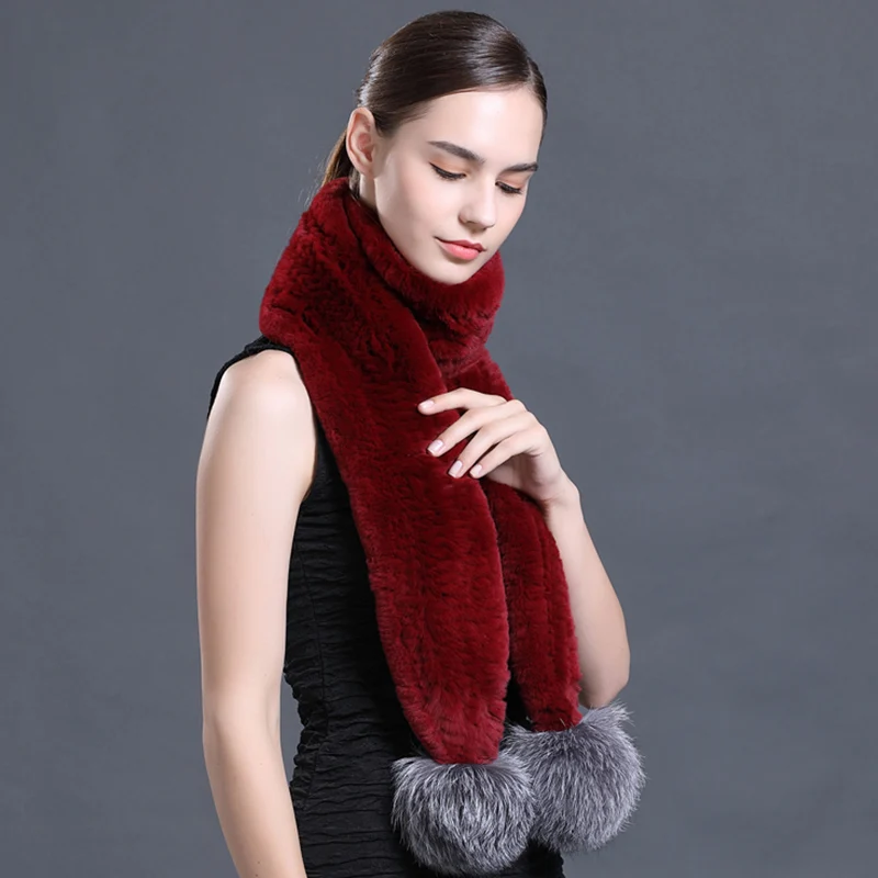 CX-S-109A Hot Sale Hand Knitted Scarves Rex Rabbit Fur Scarf with Fox Fur Pompom