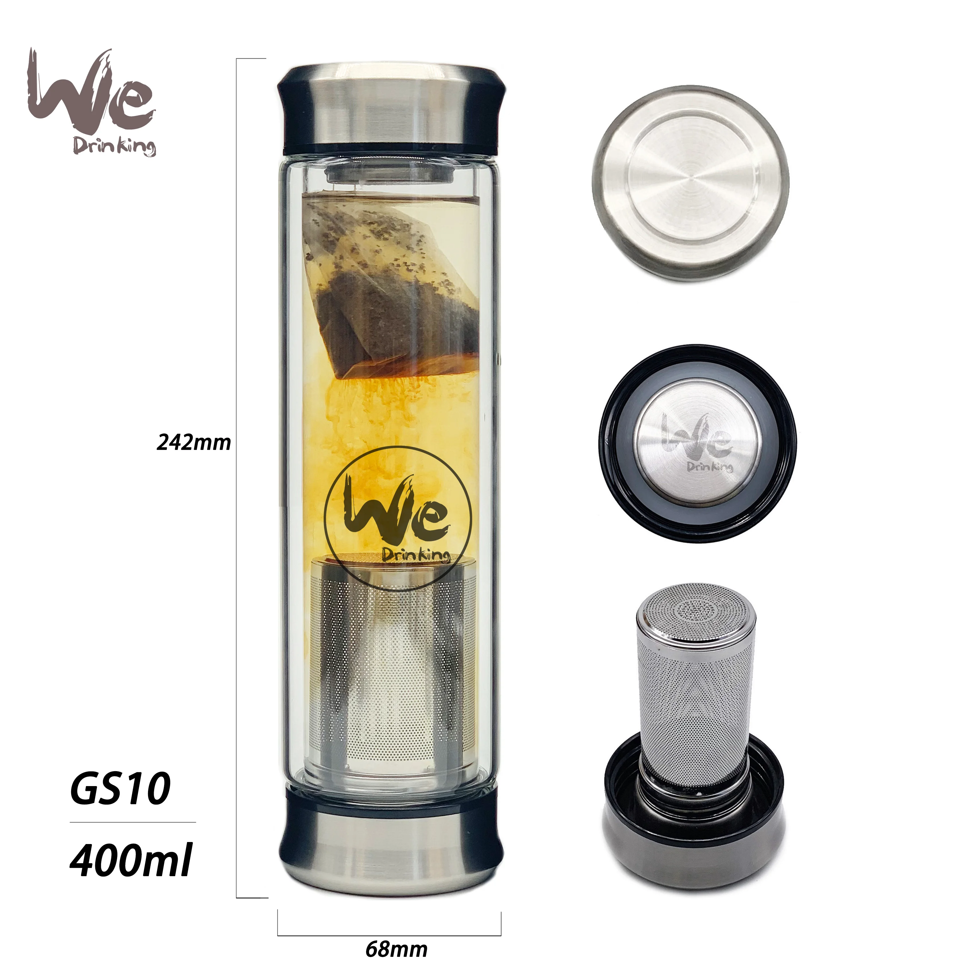 
GS10 400ml Glass Tea Infuser Travel Mug with Strainer and 2 Steel Lids for Loose Leaf Tea Matcha Fruit and Cold Brew Coffee 