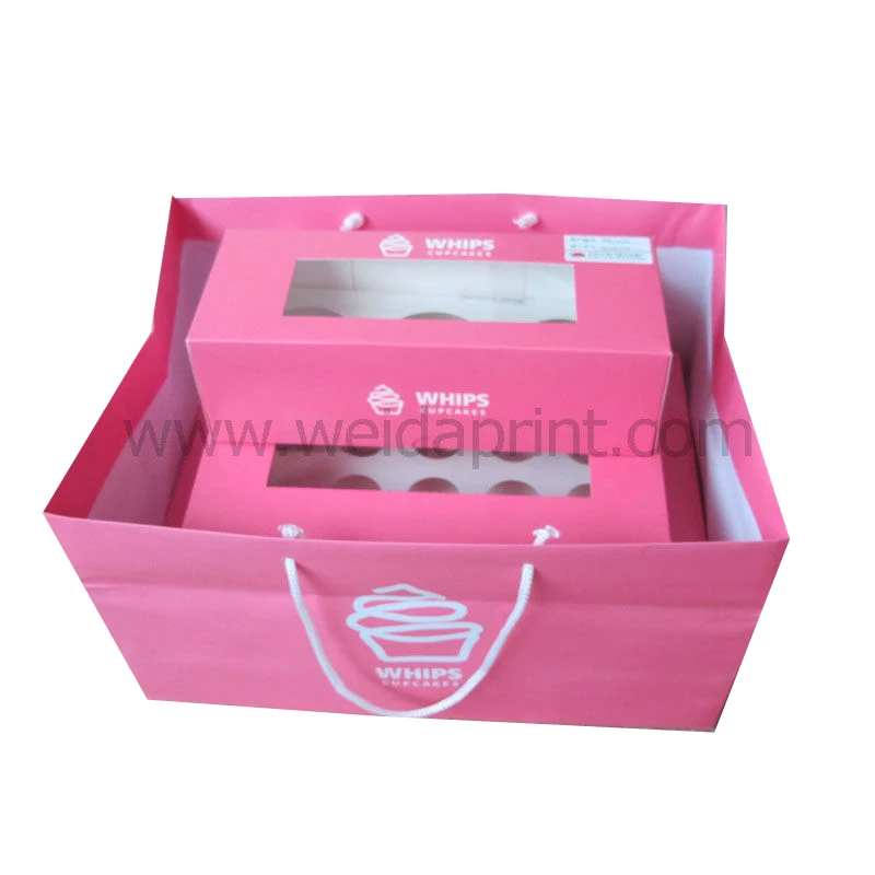 set pink cupcake box with clear window and paper bag