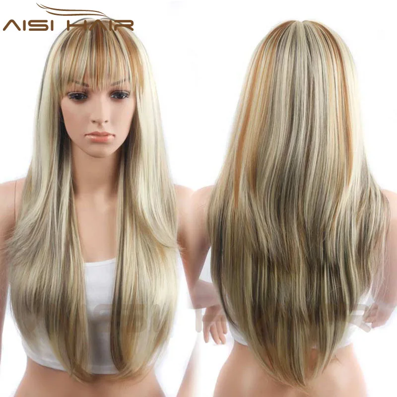 Aisi Hair Wholesale Price Long Silky Straight Wigs Heat Resistant Synthetic Mixed Blonde Wigs With Neat Bang For Women