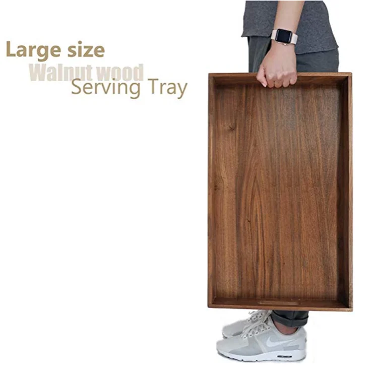 Large dark walnut wooden ottoman serving tray with handle