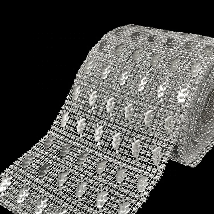wholesale 24 row Silver Heart Silver Diamante Wedding Table Wrap  motif strass mesh ribbon trim