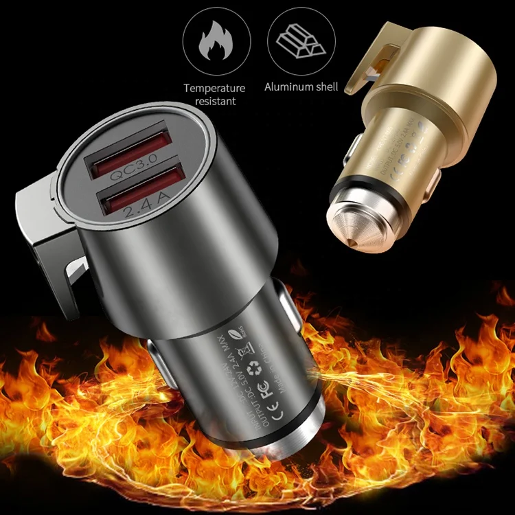 Mobile phone charging Dual USB QC3.0 Fast Car Charger with Seat Belt Cutter and Emergency Hammer Glass Breaker