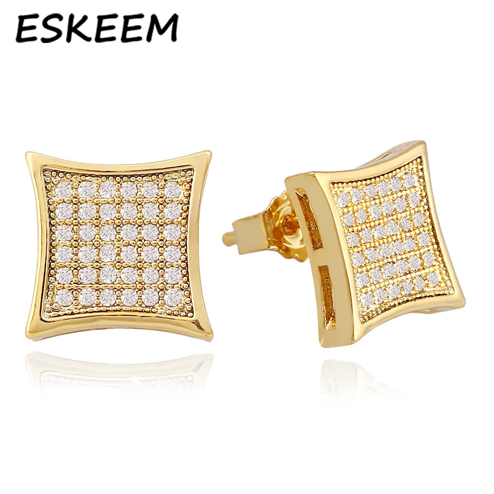 Позолоченные квадратные серьги-гвоздики 14 к в стиле хип-хоп
