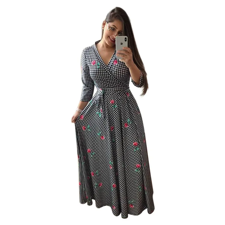 Clothes women v neck 3/4 sleeve plus size floral printed party long maxi dresses with belt