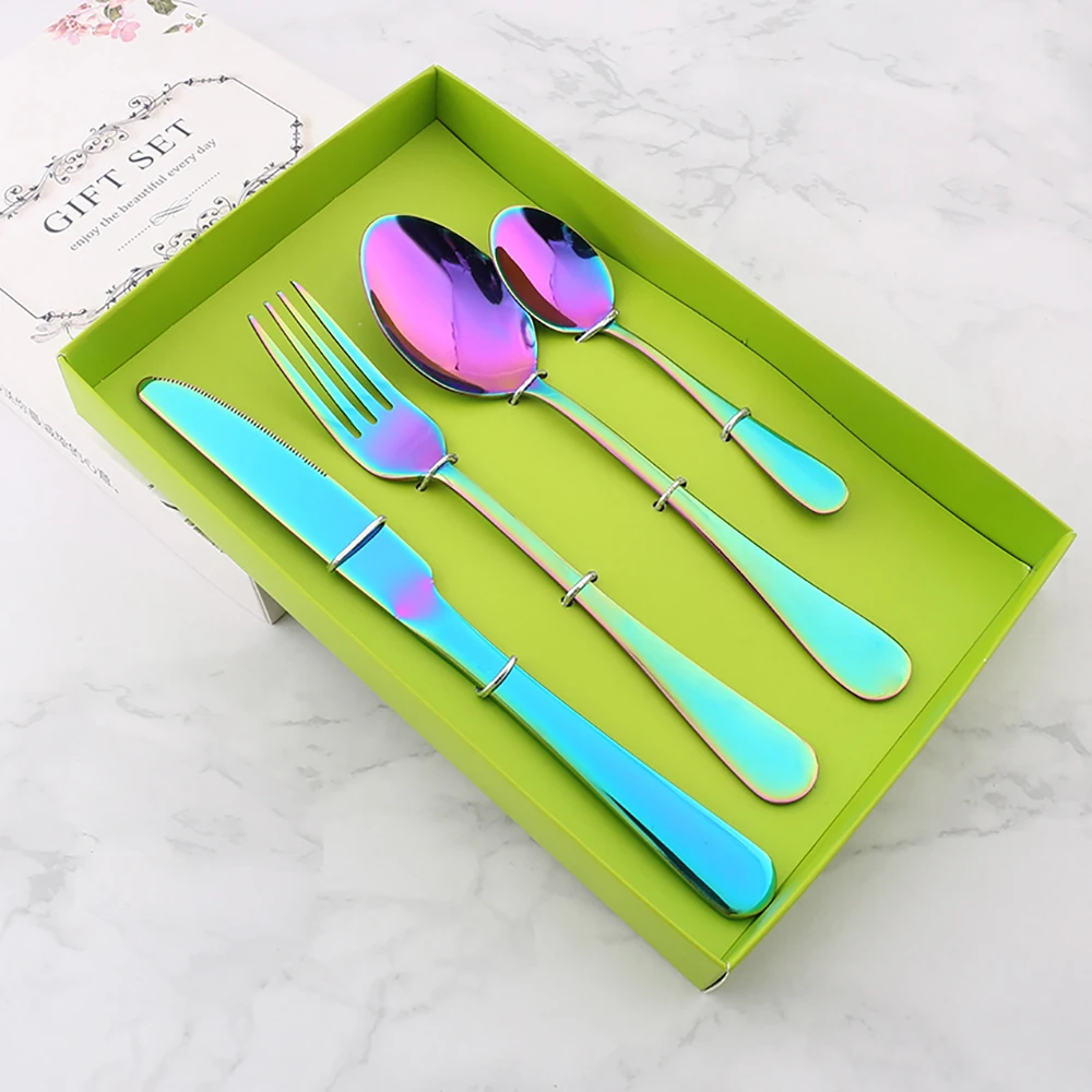 
Knife and fork spoon black handle rose gold spoons stainless steel tableware 