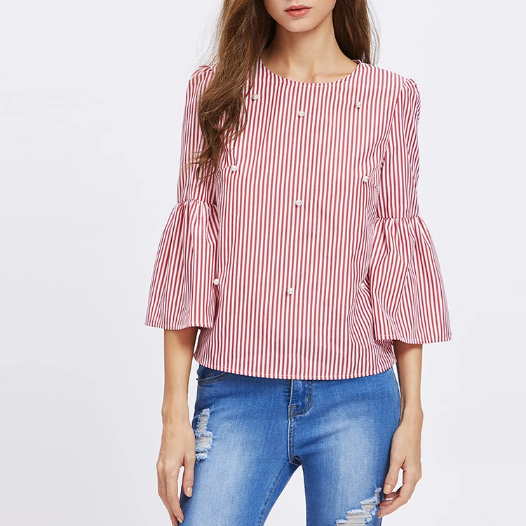 Оптовая продажа, сделанная на заказ блузка с рукавами-фонариками, украшенная жемчугом