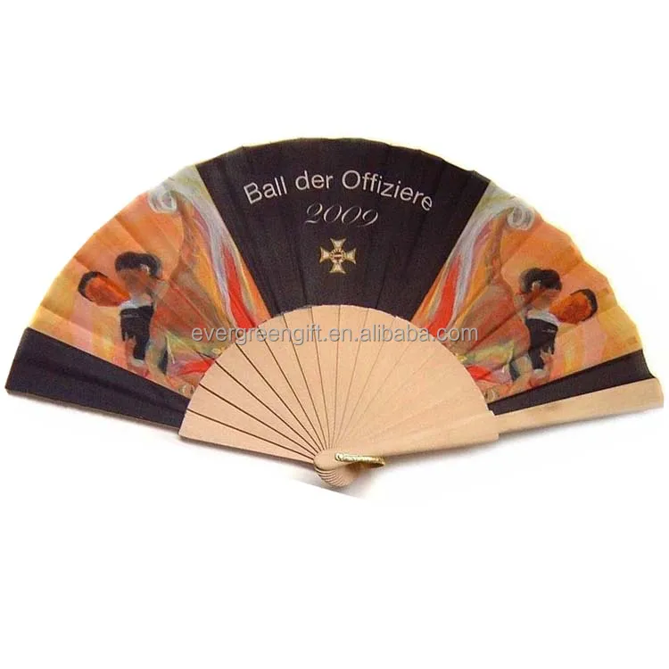 personalized natural wooden ribs folding fans with cloth printing