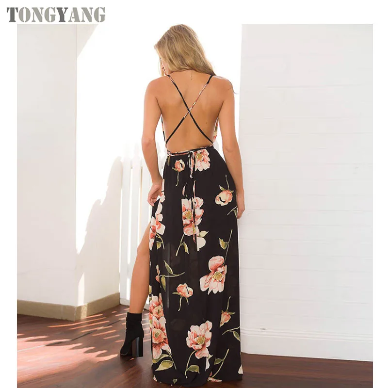 TONGYANG Summer Maxi Dress Women Floral Print Dress V-Neck Sleeveless Spaghetti Strap Backless Side Split Sexy Long Dress
