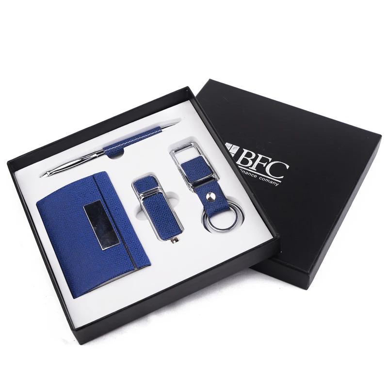2018 Decent Professional Office Leather Key Chain Elegant Business Card Holder USB And Pen Gift Set