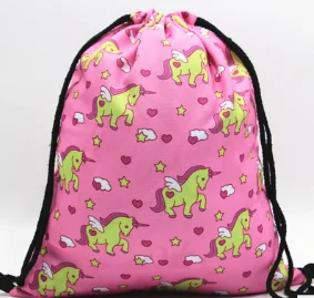 2018 Amazon hot selling Polyester Unicorn Drawstring Bag for girl , wholesale 3D Printing Cute Unicorn Backpack for children