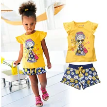 Girls Summer Casual Clothes Set Children Short Sleeve Cartoon T-shirt + Short Pants Sport Suits 2016 Girl Clothing Sets for Kids