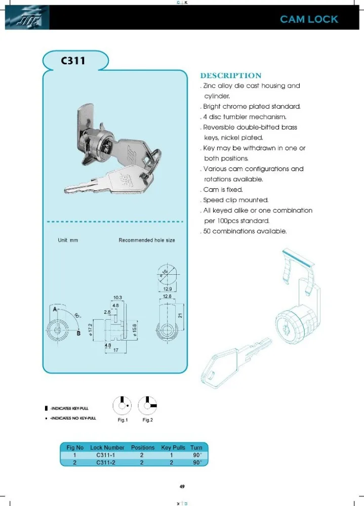 Mid Size Clip tubular Key Cam Lock / Camlock