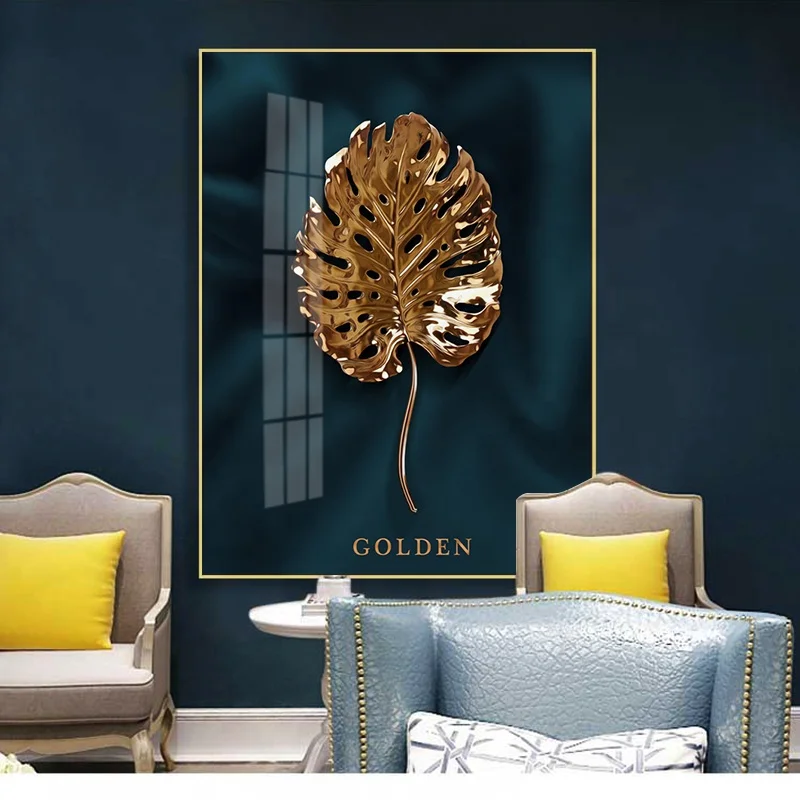 Современный холст Настенный декор Висячие Золотые листья настенная стеклянная Живопись дизайн с рамкой