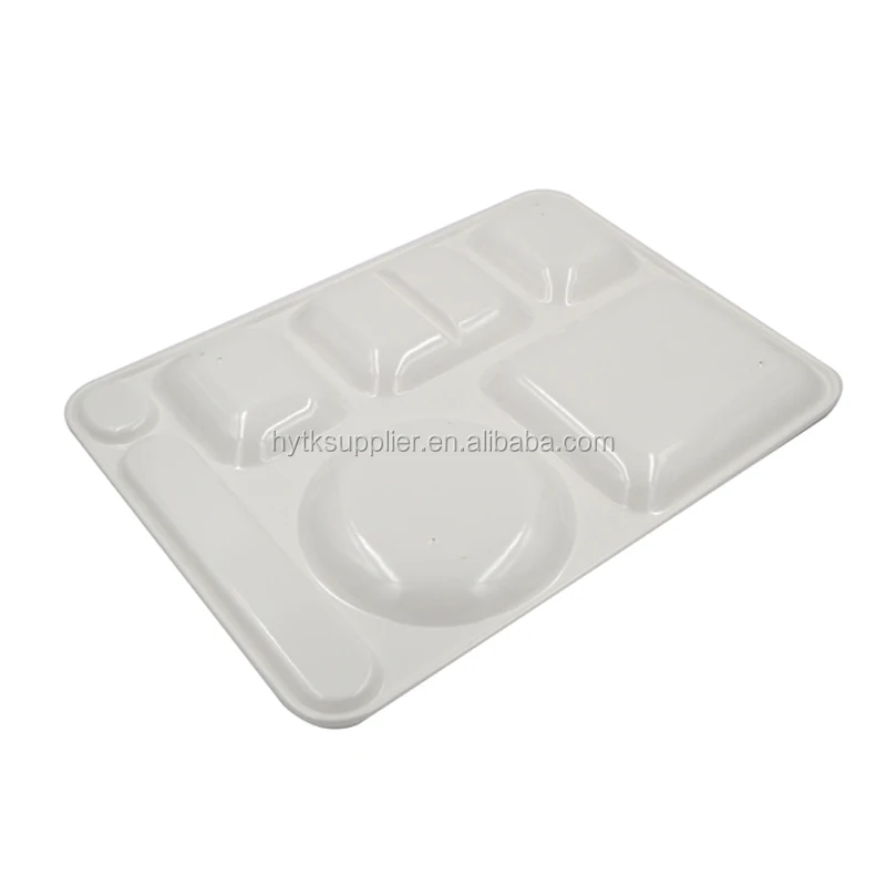 Blank white canteen melamine compartment tray, plastic tray for serving food
