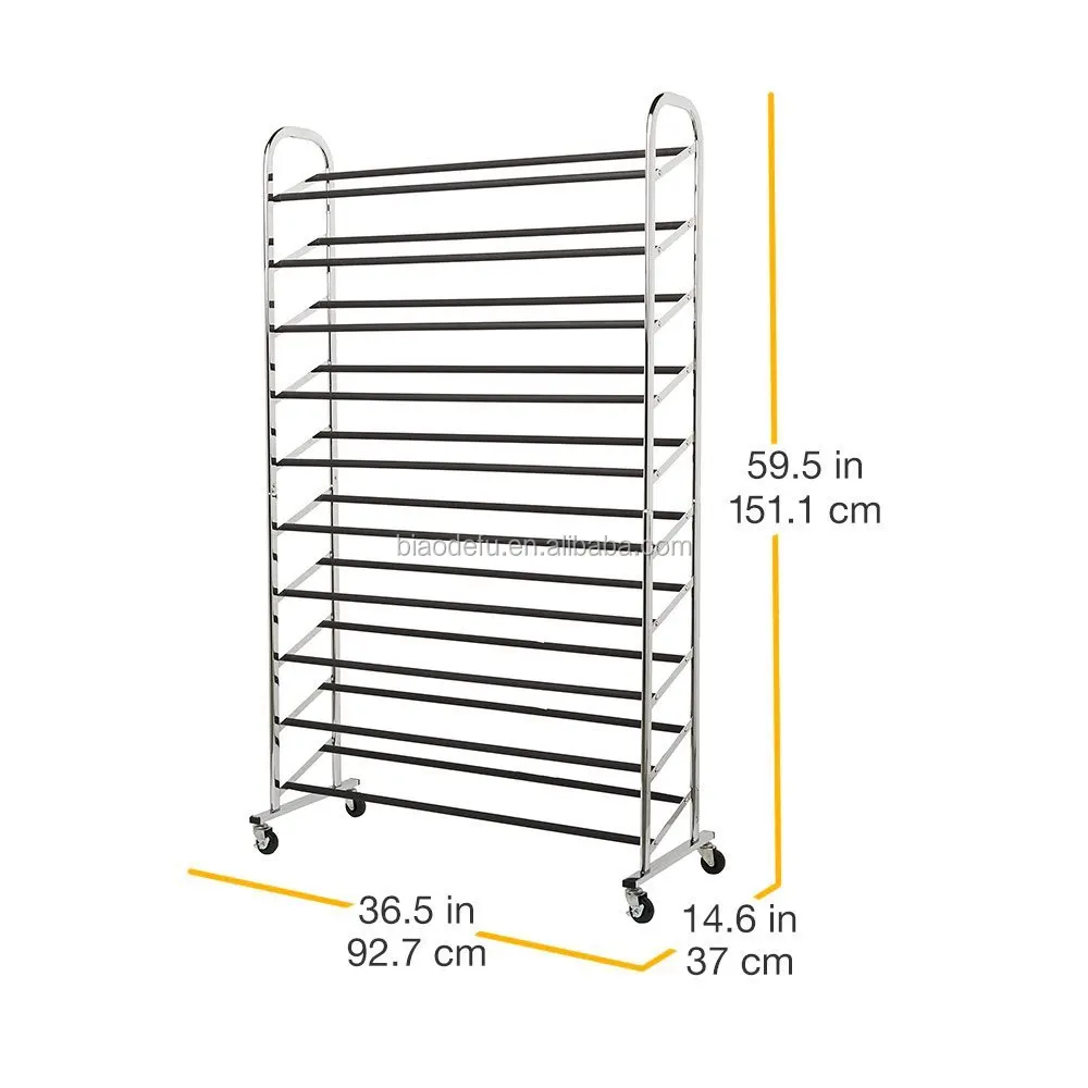 Chrome 10-Tier 50-Pair Stainless Steel Shoe Rack, Sturdy Rolling Steel Shoe Organizer with Non-Slip Bars