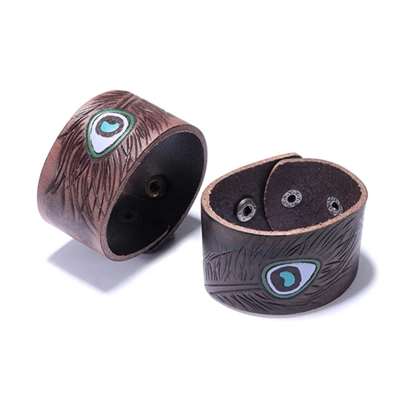 Vintage Adjustable Button Women Men Peacock Feather Printed Genuine Leather Cuff Bangles & Bracelets