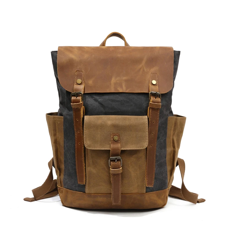 Unisex custom vintage waxed canvas genuine leather school backpack casual rucksack