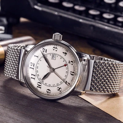 OEM simple double time GMT movt stainless steel mesh strap geneva watches men