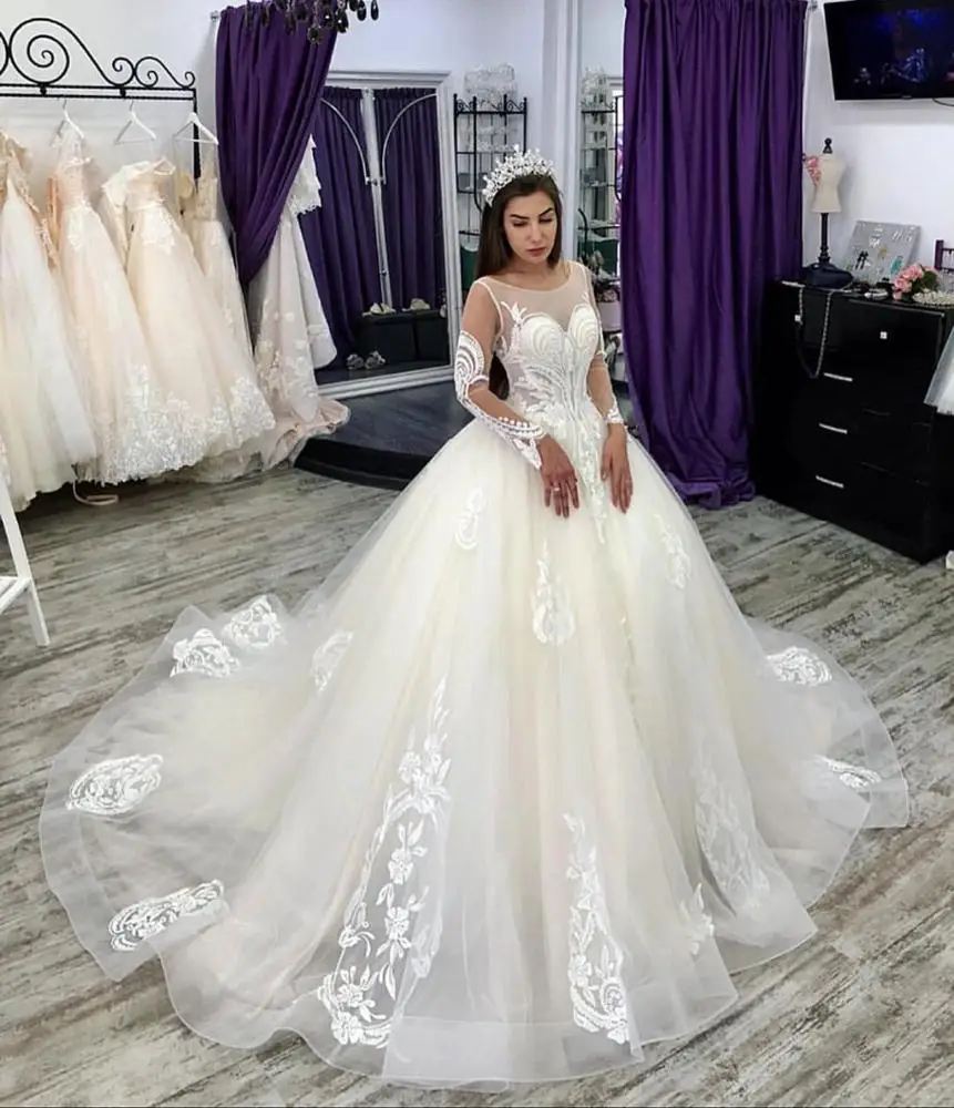 Elegant Tulle Corset Long Sleeve Bridal Ball Gown Wedding Dresses