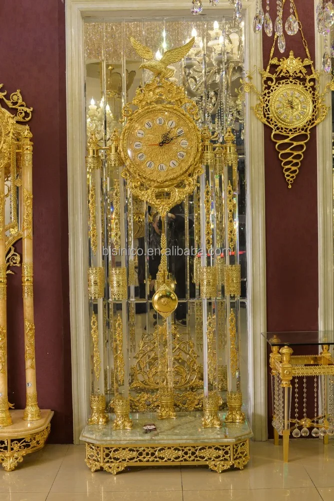 Royal Palace Italy Antique 24K Gold Plated Bronze Floor Clock Brass Mounted Crystal and Marble Grandfather