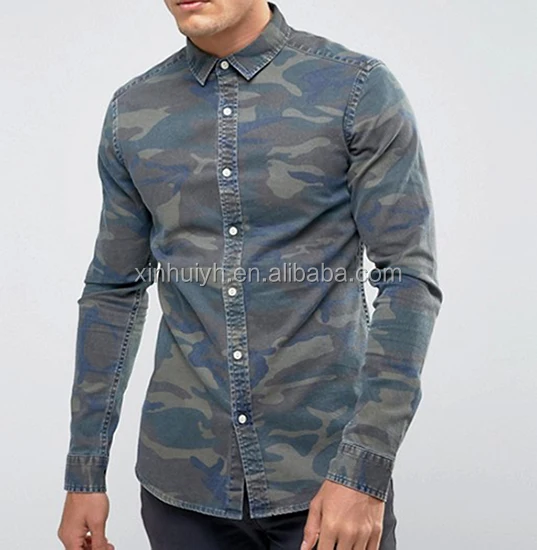 Men Shirt Black Denim Camo Shirt Mens Long Sleeve Denim Shirt OEM Wholesale