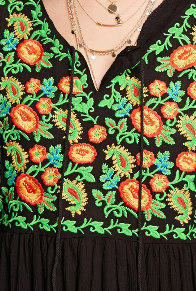 High quality fashion women wear embroidery long black tunic blouse