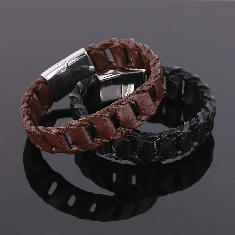 Punk Genuine Leather Braided Bracelet With Stainless Steel Magnetic Clasp For Men (Color : Black/Brown)