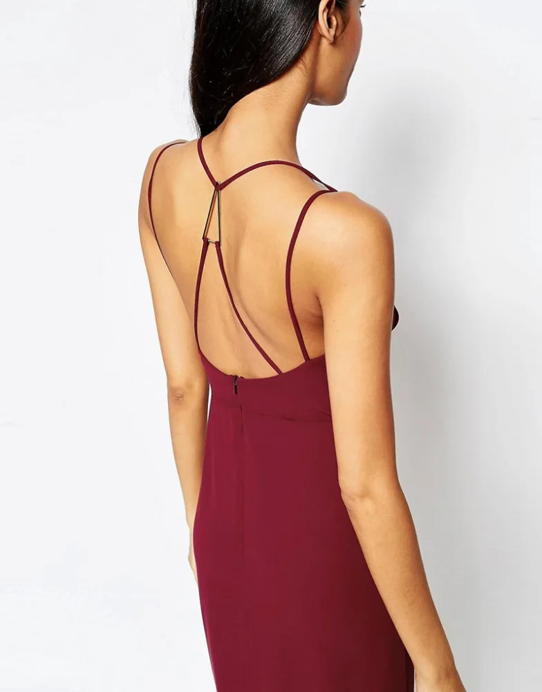 New Sexy Style Zip Back Deep V-neckline Spaghetti Strap Maxi Dress One Piece Dress