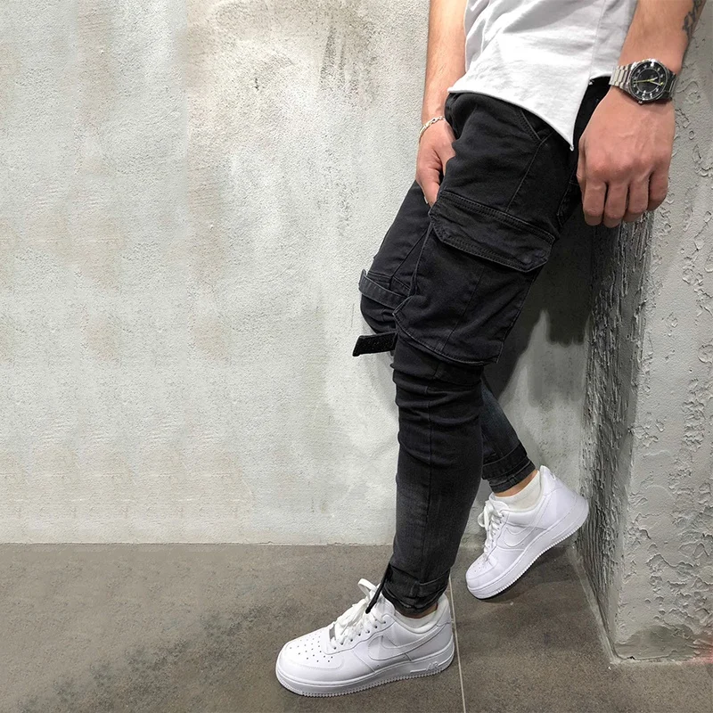 
Wholesale Price Mens Slim Fit Black Cargo Jeans Homme 