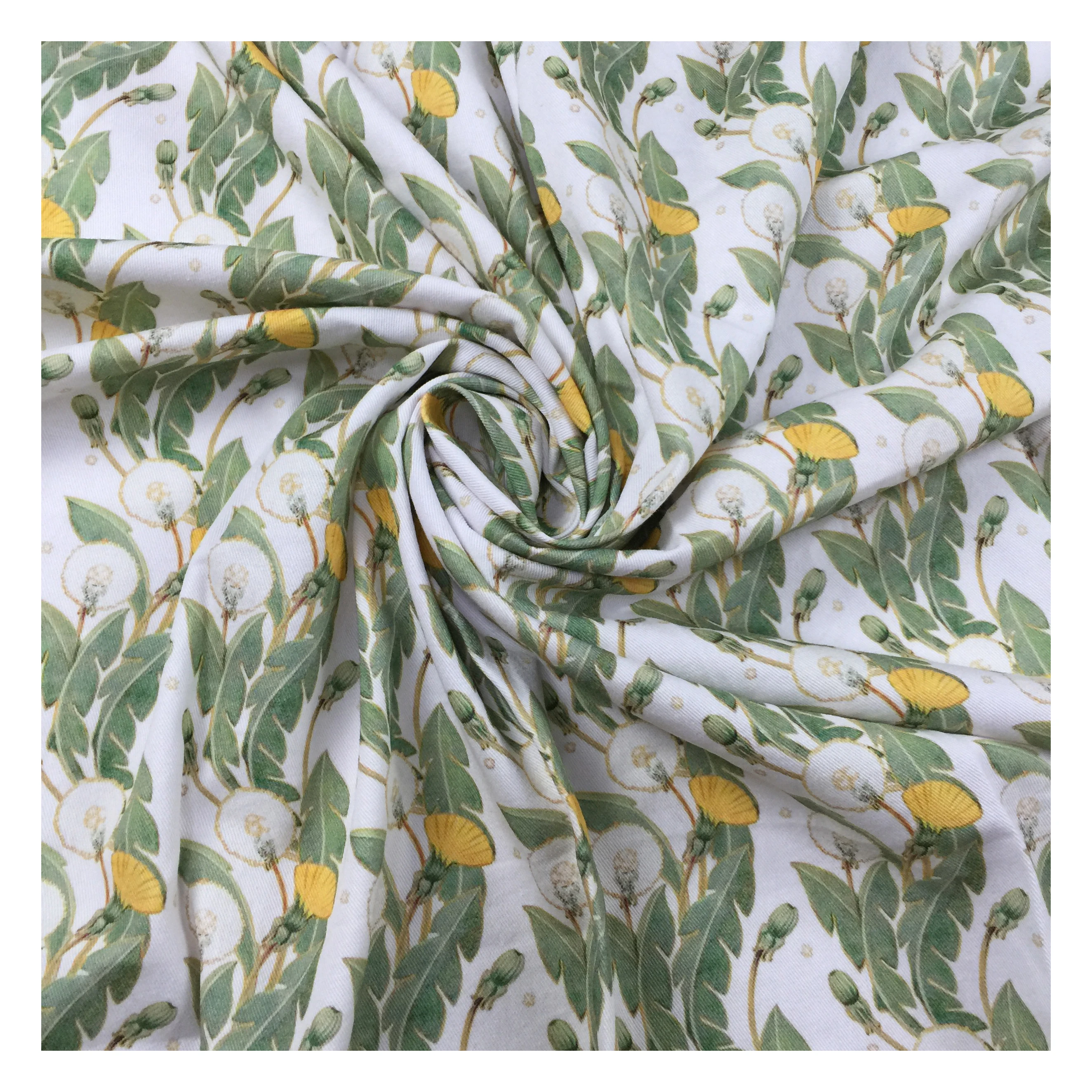 The factory outlet custom dandelion flowers digital printing twill cotton white sateen fabric