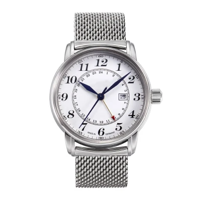 OEM simple double time GMT movt stainless steel mesh strap geneva watches men