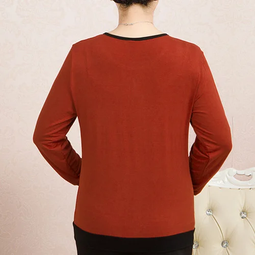 China factory formal round neck women long tops elegant loose long sleeve printing middle aged ladies western knitwear blouses