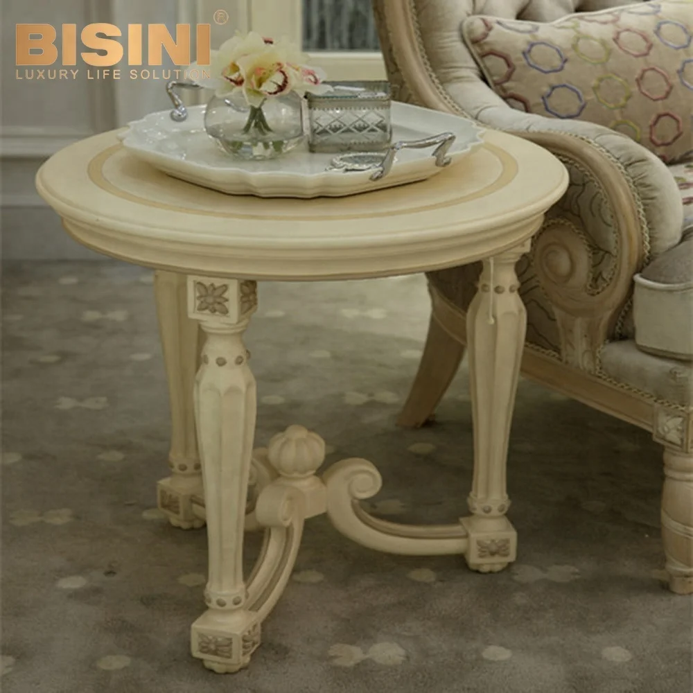 Bisini Ivory cream color antique wooden hand carved fancy round coffee table - BF07-10135