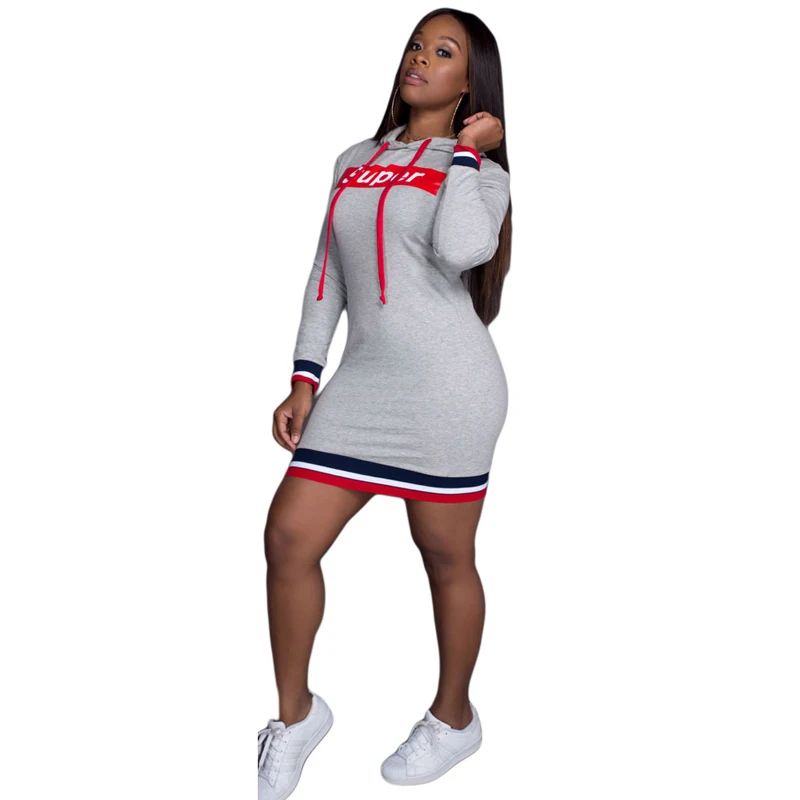 
Casual Hooded Collar Letters Printed Grey Polyester Mini Dress With African Bodycon Dress 
