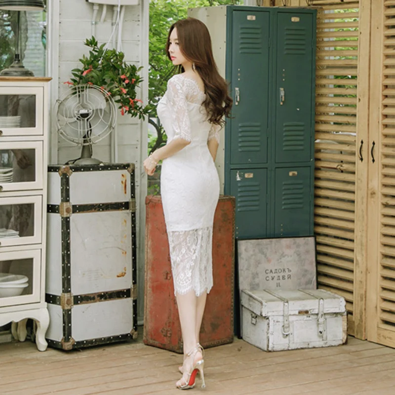 
Korean Short Sleeve bodycon lace Career dresses 
